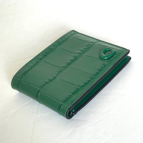 Coach Slim Billfold Wallet CW444 Mens Green Croc Embossed Leather Bifold - Picture 4 of 6